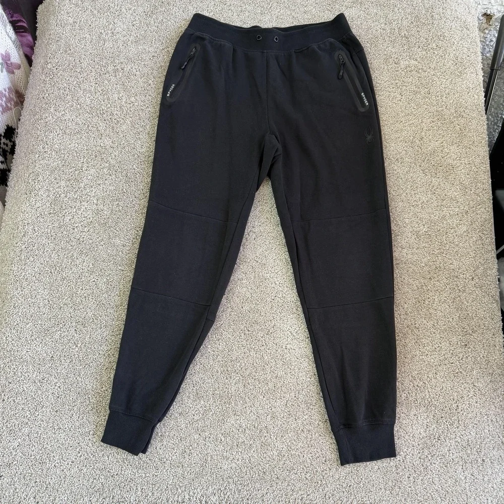 Spyder Active Jogger Pants Mens Large Black Knit Elastic Waist Zipper Pockets